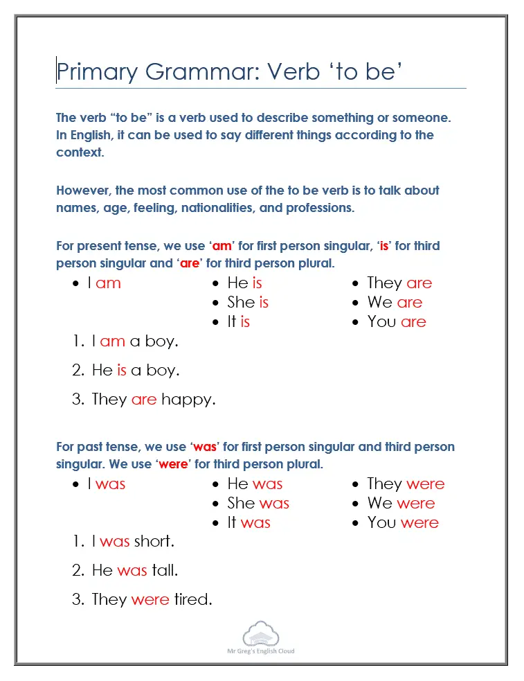 Primary Grammar: Verb To Be - Mr. Greg's English Cloud