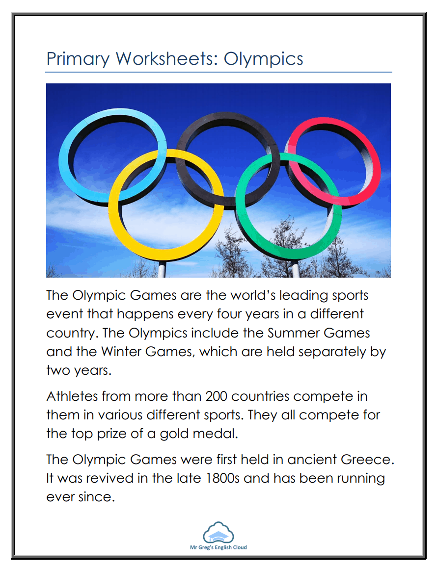 Primary Worksheets: Olympics - Mr. Greg's English Cloud